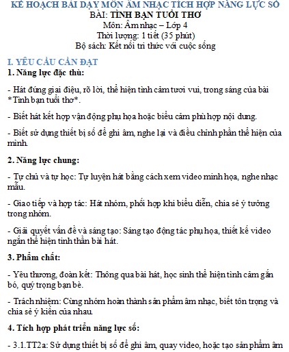  Mẫu kế hoạch bài dạy minh họa môn Âm nhạc lớp 4 tích hợp năng lực số