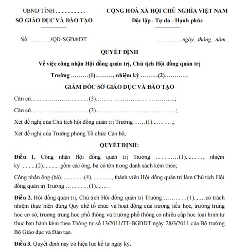 Mẫu quyết định về việc công nhận hội đồng quản trị trường học