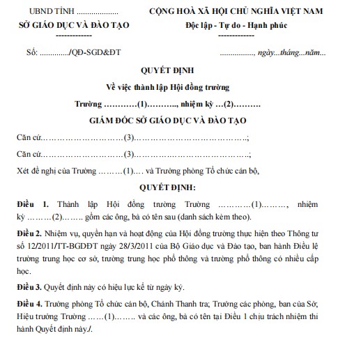 Mẫu quyết định về việc thành lập hội đồng trường