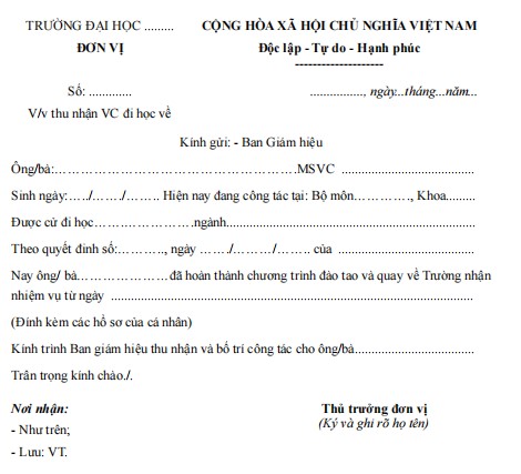 Mẫu công văn thu nhận viên chức đi học về