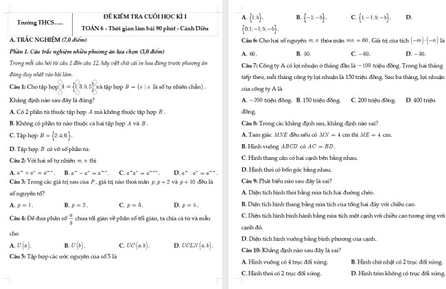 Đề thi học kì 1 Toán 6 Cánh diều