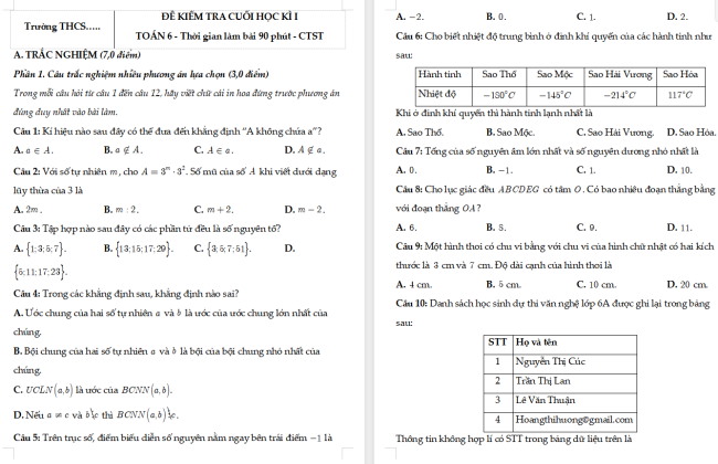 Đề thi học kì 1 Toán 6 Chân trời sáng tạo