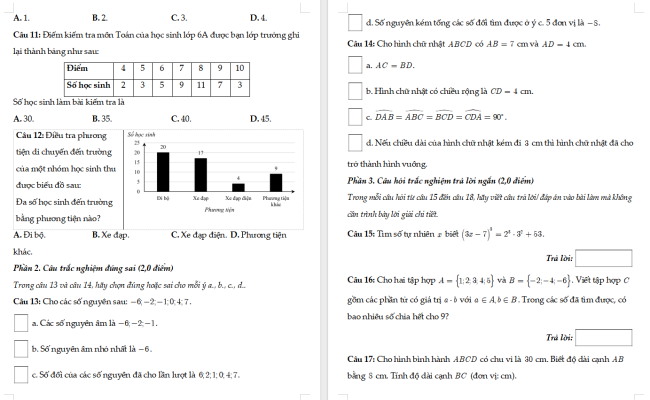 Đề thi học kì 1 Toán 6 Chân trời sáng tạo