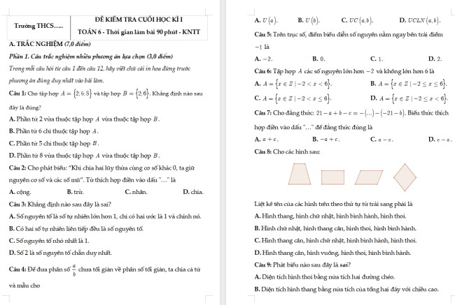 Đề thi học kì 1 Toán 6 Kết nối tri thức