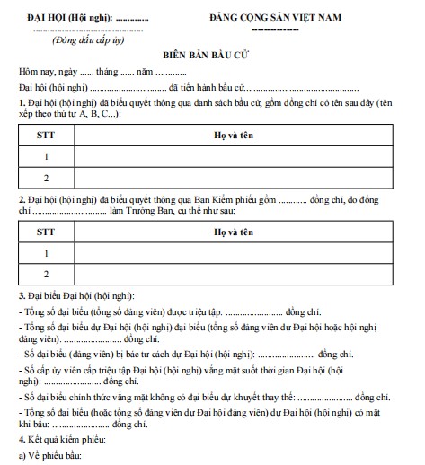 Mẫu biên bản bầu cử Đảng bộ