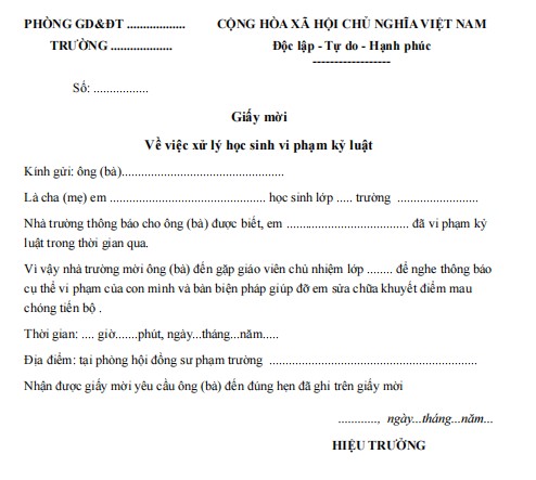 Giấy mời phụ huynh về việc xử lý học sinh vi phạm kỷ luật