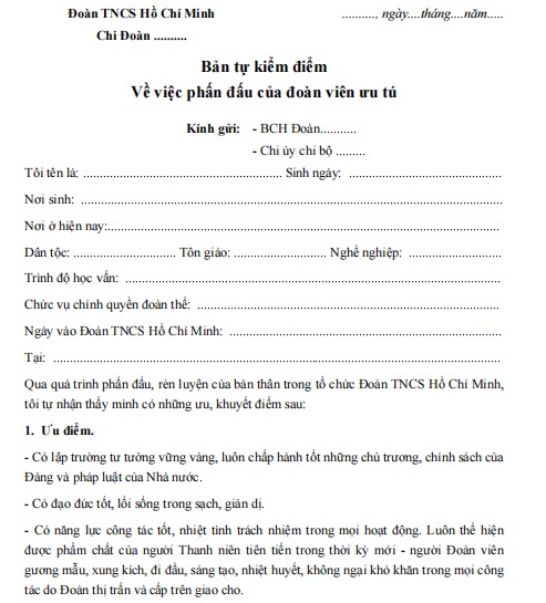 Mẫu bản kiểm điểm quá trình phấn đấu vào Đảng