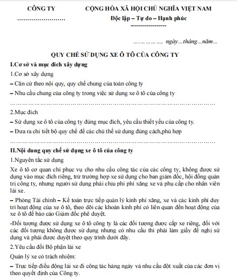 Mẫu quy chế sử dụng xe ô tô của công ty