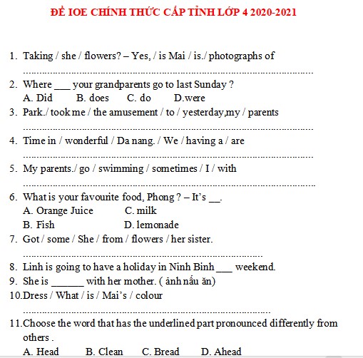 Đề thi IOE lớp 4 cấp trường có đáp án