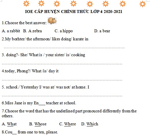Đề thi IOE lớp 4 cấp huyện 