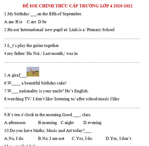 Đề thi IOE lớp 4 cấp huyện 