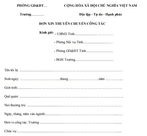 Mẫu đơn xin thuyên chuyển công tác 2025