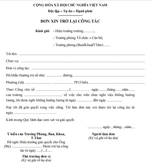 Mẫu đơn xin trở lại công tác