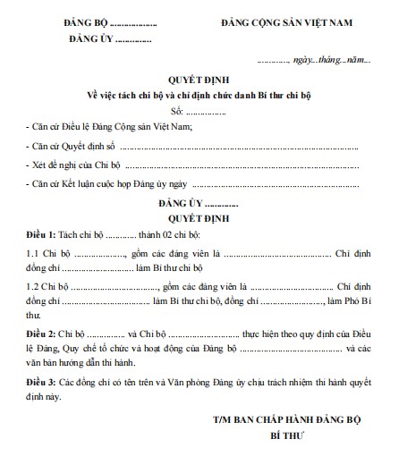 Mẫu quyết định về việc tách chi bộ