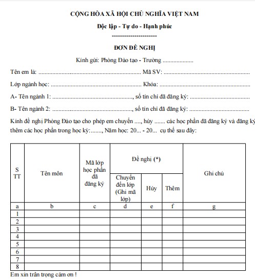Mẫu đơn xin đươc thêm, hủy, chuyển môn học