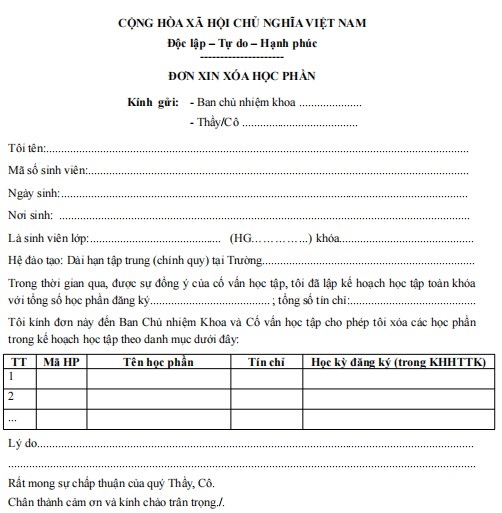 Mẫu đơn xin xóa tín chỉ