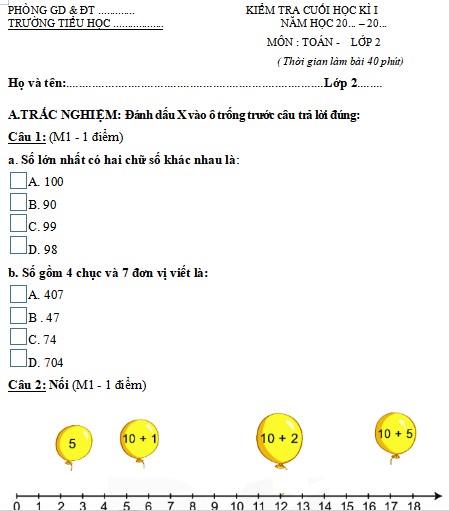 Đề thi Toán lớp 2 học kì 1 Cánh Diều