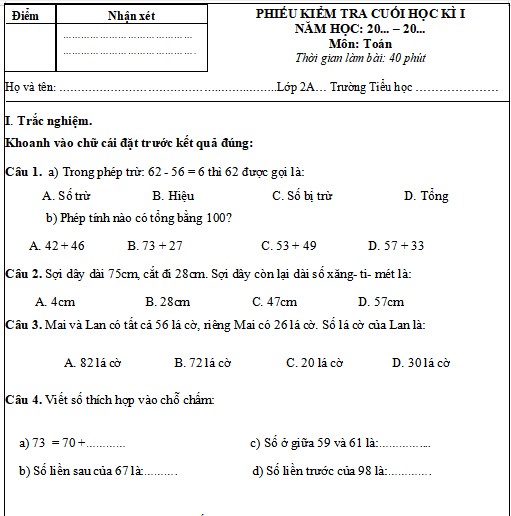 Đề thi Toán lớp 2 học kì 1 Cánh Diều