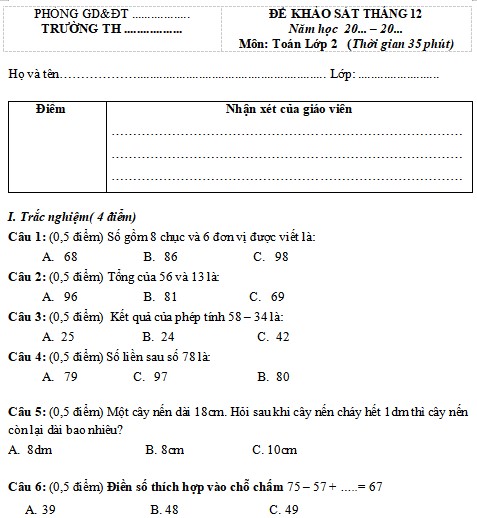 Đề thi Toán lớp 2 học kì 1 Cánh Diều