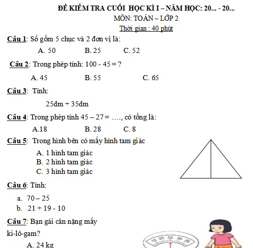 Đề thi học kì 1 môn Toán lớp 2 sách Chân trời sáng tạo