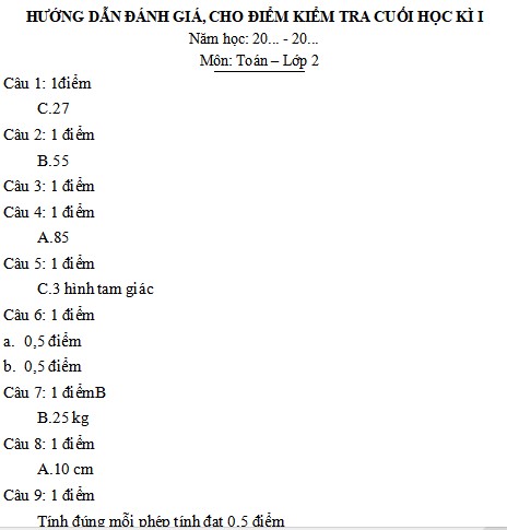 Đề thi học kì 1 môn Toán lớp 2 sách Chân trời sáng tạo