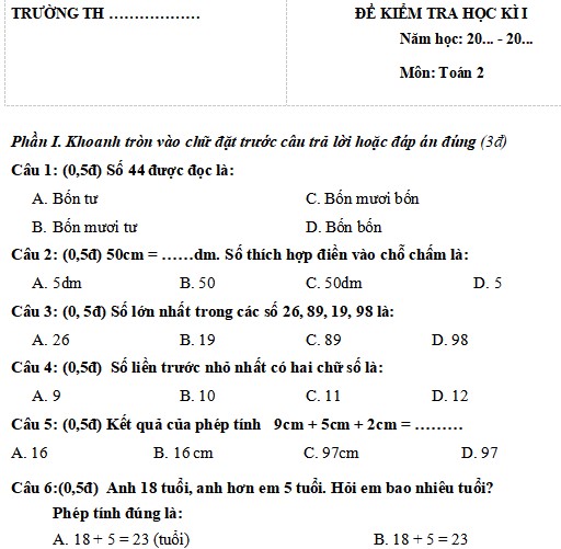 Đề thi học kì 1 môn Toán lớp 2 sách Chân trời sáng tạo