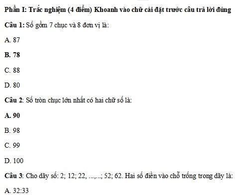 Đề thi học kì 1 môn Toán lớp 2 sách Chân trời sáng tạo