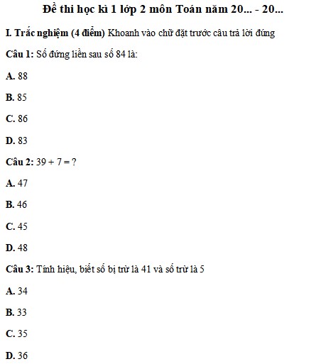 Đề thi học kì 1 môn Toán lớp 2 sách Chân trời sáng tạo