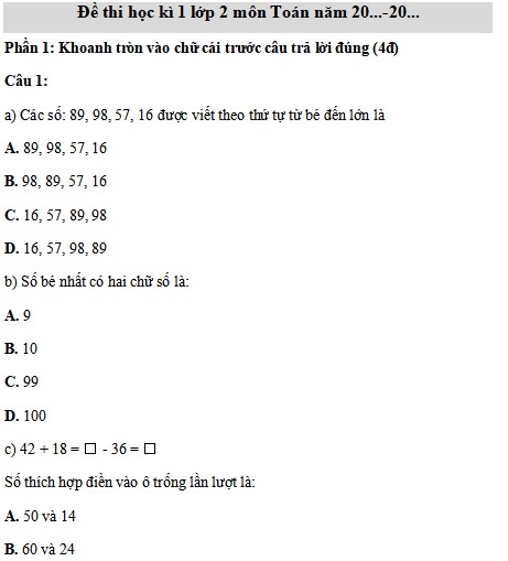 Đề thi học kì 1 môn Toán lớp 2 sách Chân trời sáng tạo