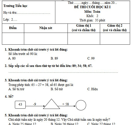 Đề thi học kì 1 môn Toán lớp 2 sách Chân trời sáng tạo