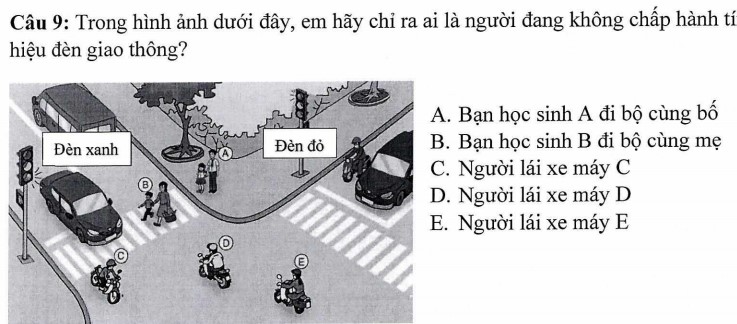 Trong hình ảnh dưới đây, em hãy chỉ ra ai là người đang không chấp hành tín hiệu đèn giao thông?