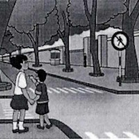 Em và bạn hàng xóm cùng đi bộ đến trường. Trên đường đến trường có 1 đoạn phố có biển báo hiệu "Cấm người đi bộ"