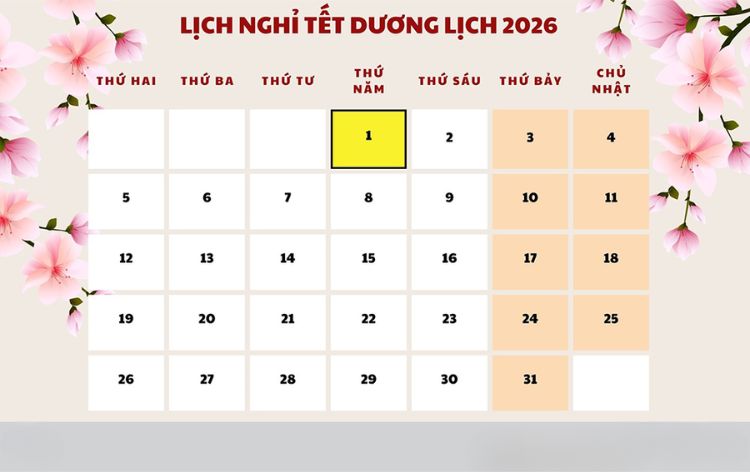 Tết Dương lịch 2026 được 01 ngày trong tuần.