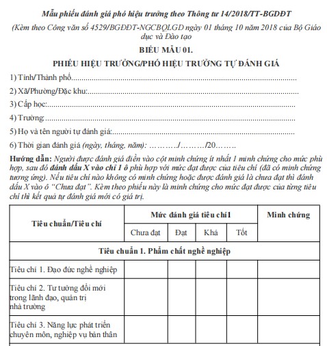 Mẫu phiếu đánh giá chuẩn phó Hiệu trưởng
