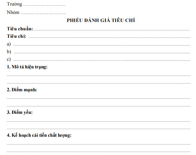 Phiếu đánh giá tiêu chí của trường mầm non