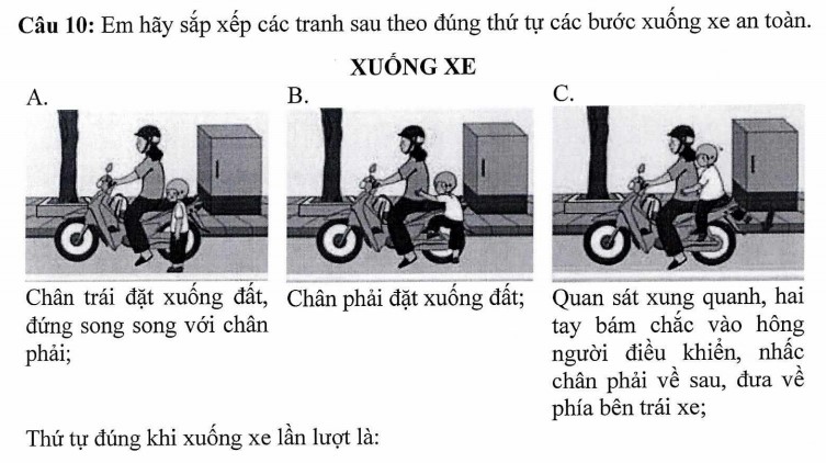 Em hãy sắp xếp các tranh sau theo đúng thứ tự các bước xuống xe an toàn