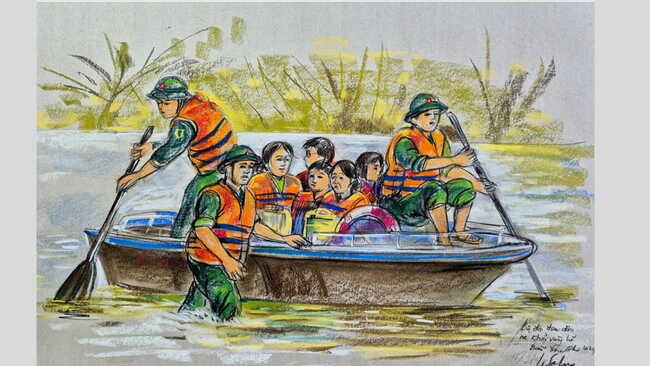 Vẽ tranh bộ đội giúp dân vùng bão lũ