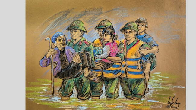 Tranh chú bộ đội đưa bà con thoát khỏi vùng ngập nặng