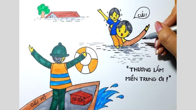 Vẽ tranh bộ đội giúp dân vùng bão lũ
