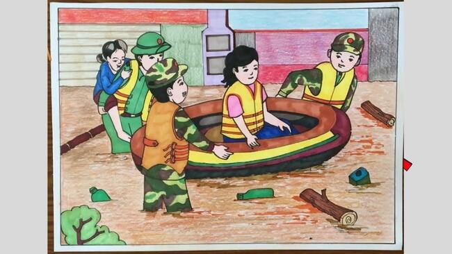 Tranh chú bộ đội hỗ trợ bà con vùng lũ