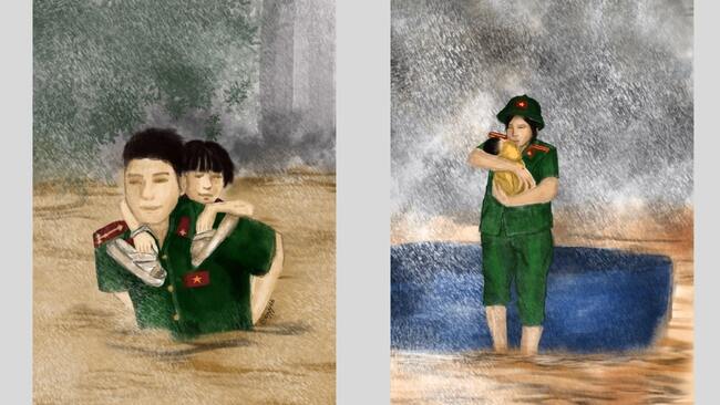 Chú bộ đội đang cõng và bế các em nhỏ trong mùa mưa lũ 