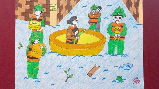 Tranh chú bộ đội cứu trợ bà con vùng lũ