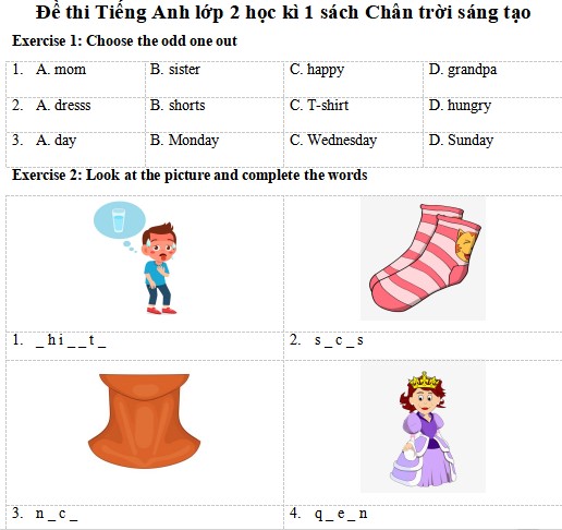 Đề thi Học kì 1 Tiếng Anh lớp 2 Chân trời sáng tạo