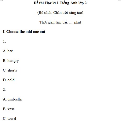 Đề thi Học kì 1 Tiếng Anh lớp 2 Chân trời sáng tạo