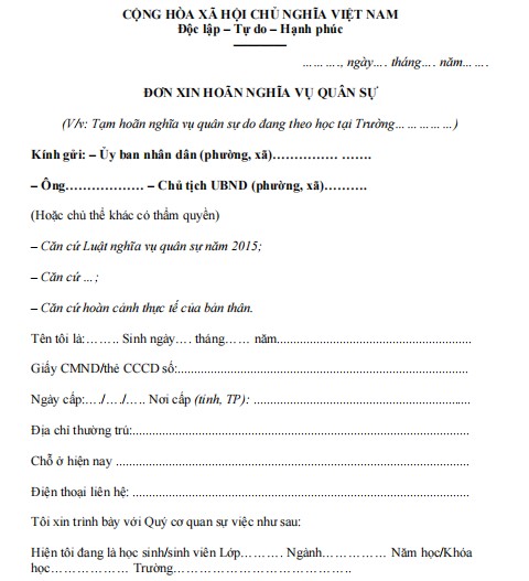 Đơn xin hoãn nghĩa vụ quân sự dành cho người đang đi học