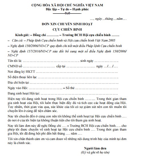 Mẫu đơn xin chuyển sinh hoạt cựu chiến binh
