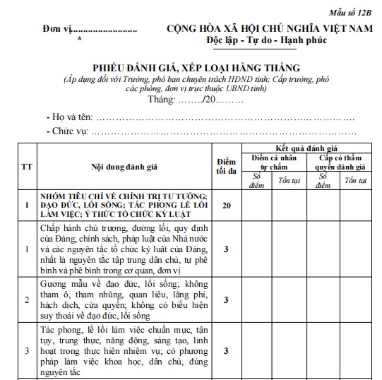 Mẫu đánh giá, xếp loại viên chức hàng tháng
