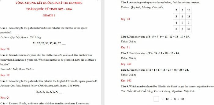 Đề thi Toán TIMO lớp 2 năm 2025 vòng quốc gia
