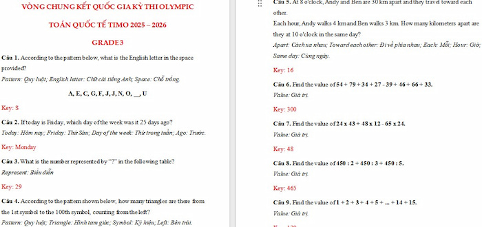 Đề thi Toán TIMO lớp 3 năm 2025 vòng quốc gia
