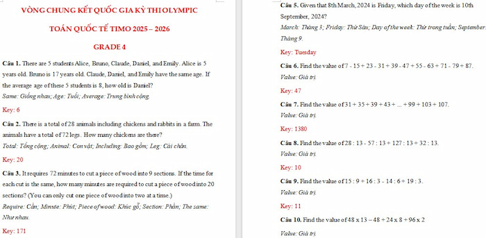 Đề thi Toán TIMO lớp 4 năm 2025 vòng quốc gia có đáp án